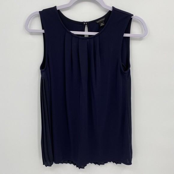 Ann Taylor Women's Round Neck Sleeveless Pleated Tank Top Blouse Navy Blue XS - Picture 1 of 9